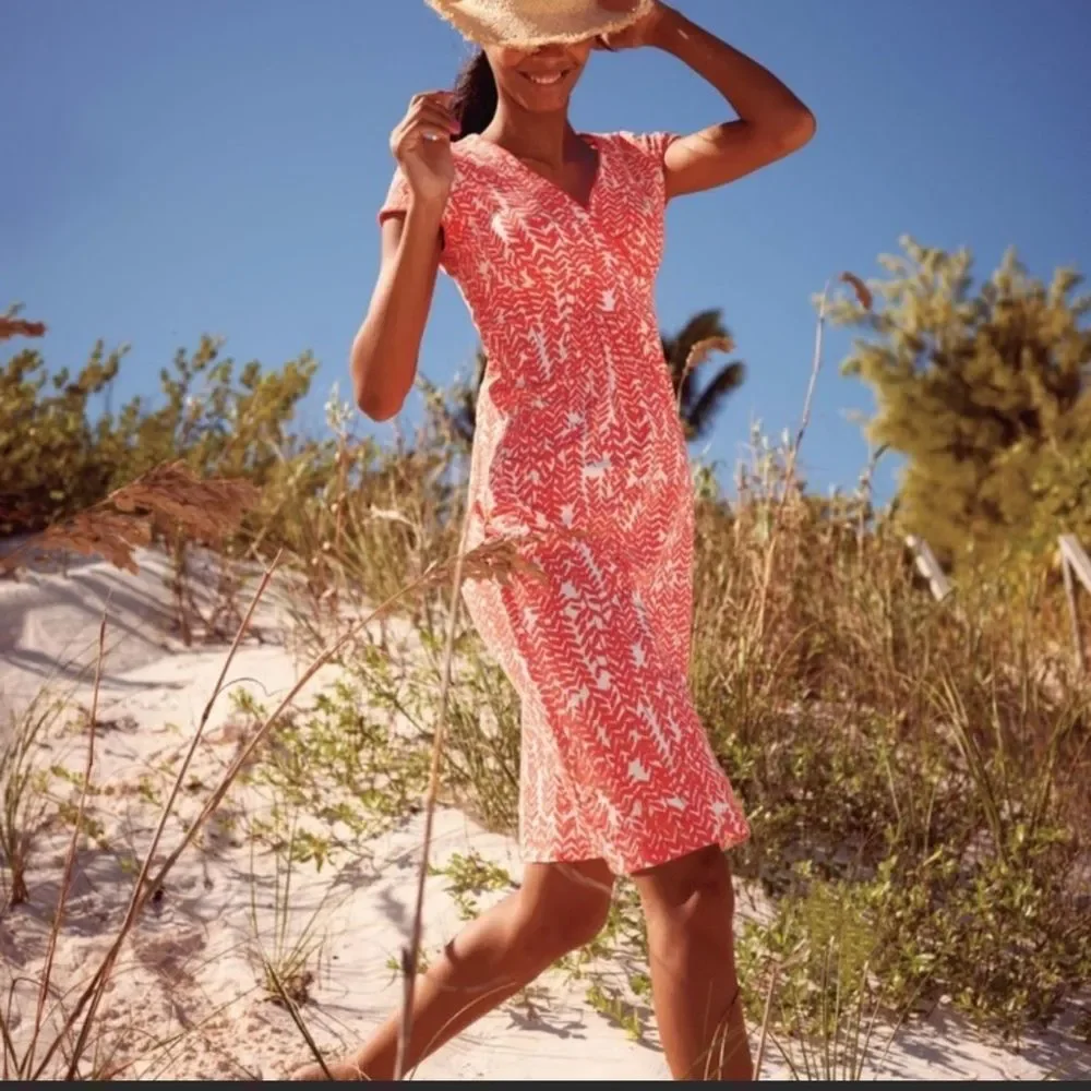 Boden Printed Cap Sleeve Casual Jersey Knit Dress in
Coral/White